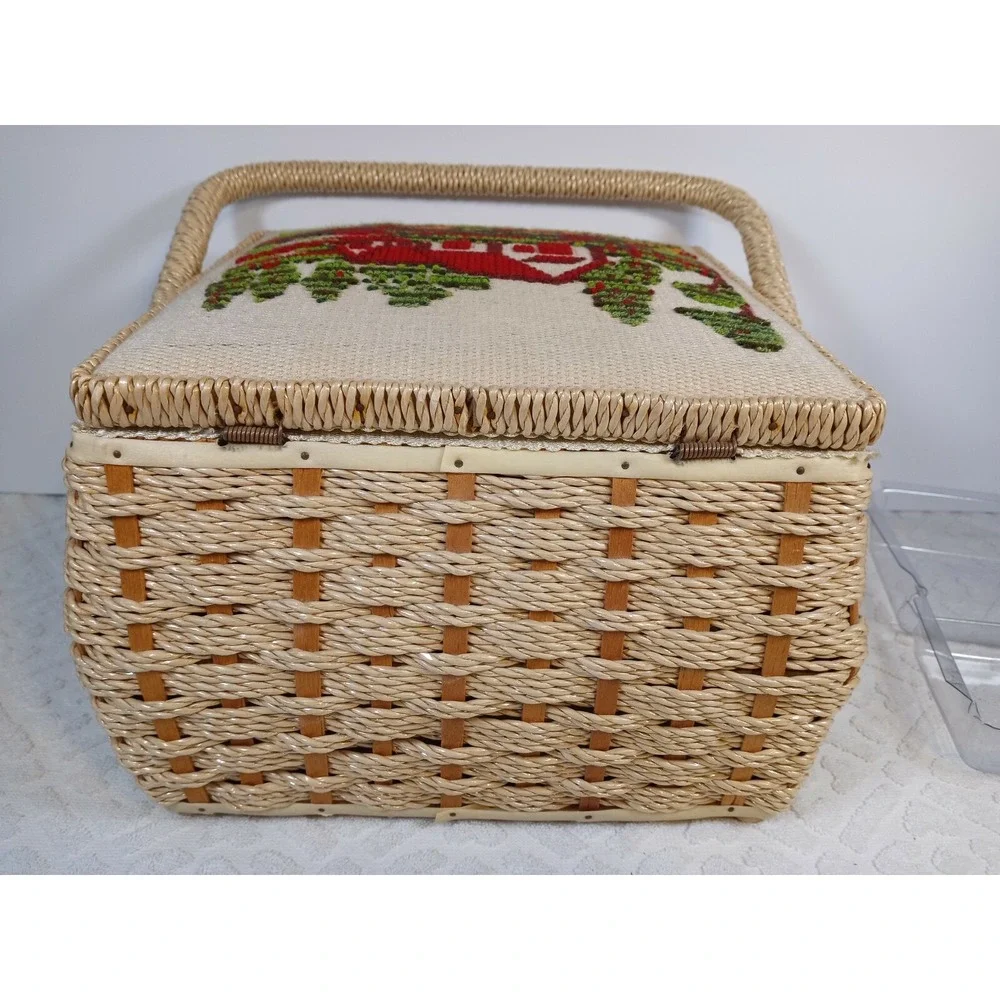 JCPenney Embroidered Farmhouse Wicker Sewing Notions Craft Basket w/Lid 10